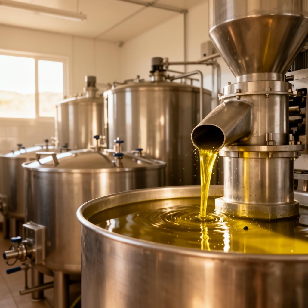 Interior de una almazara con depósitos de aceite de oliva